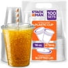 Stack Man [100 Sets - 16 oz.] Clear Plastic Cups with Straw Slot Lid, PET Crystal Clear Disposable Plastic Cups with lids