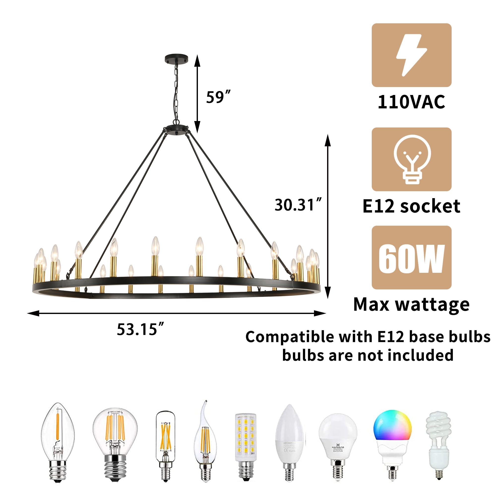 LovingAHome Black Gold Farmhouse Chandelier Metal, 54'' 24-lights Rustic Wagon Wheel Chandelier For Living Room Entryway
