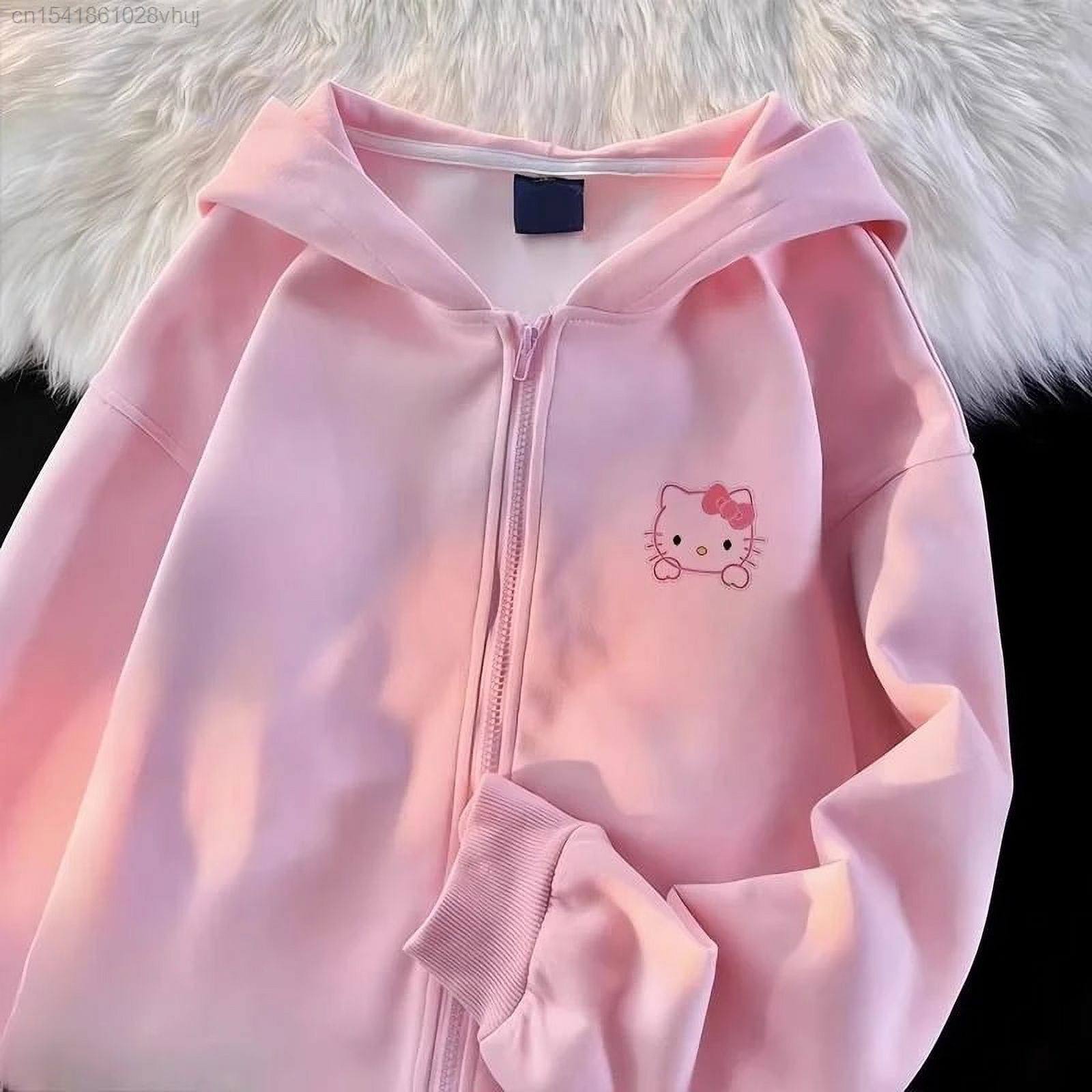 Sanrio Hello Kitty Zip Up Black Hoodie Female New Oversize Korean