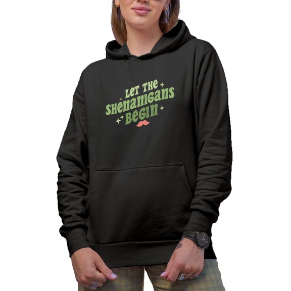 Let the Shenanigans Begin Quote & Mustache Art, St. Patrick's Day Merch Gift, Black Hooded Sweatshirt or Hoodie, Small