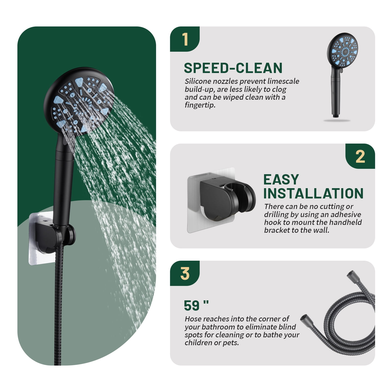 Cobbe 8-Inch Dual Shower Heads with Handheld Spray Combo, 3-Way Rain Shower Head, 9-Spray Patterns Handheld Shower, Matte Black