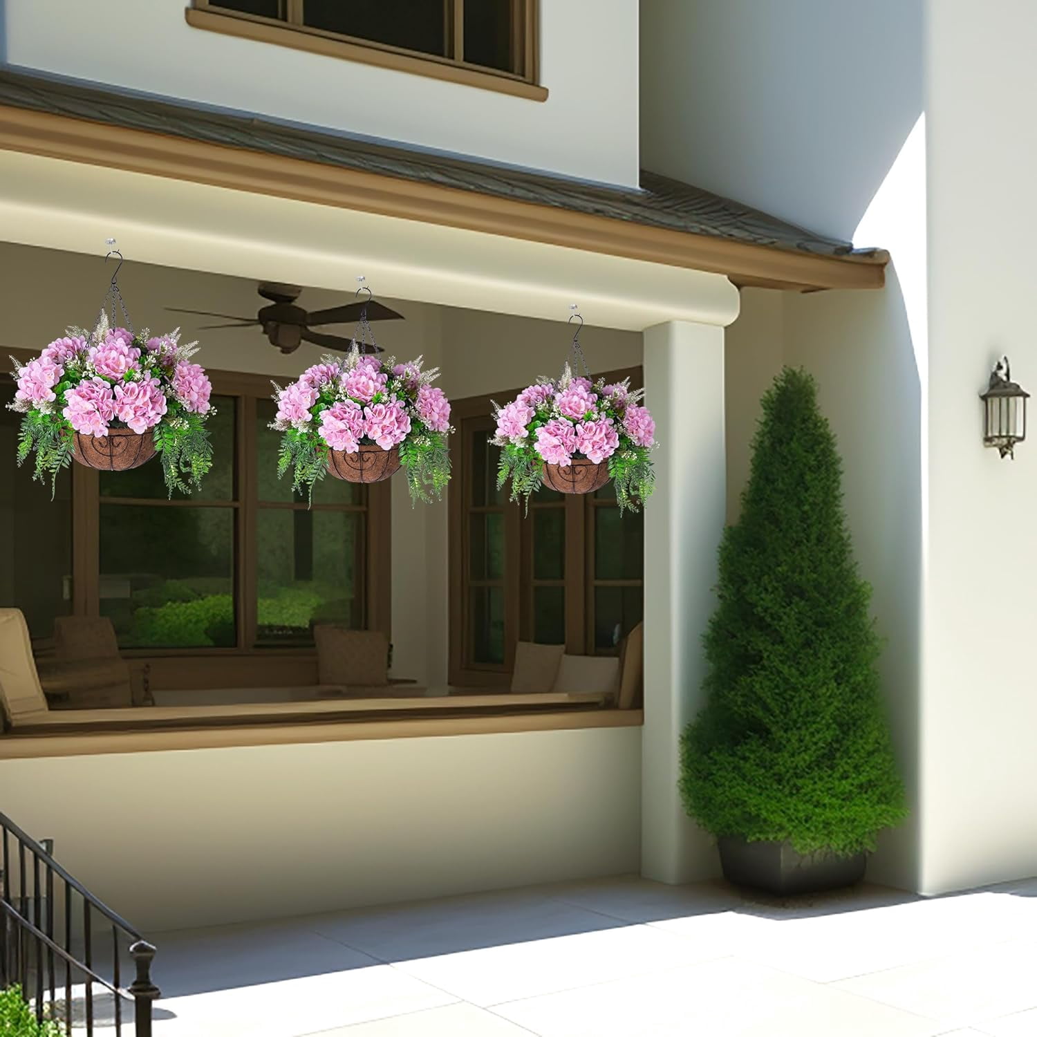 Artificial Flowers in Hanging Basket Planter for Home Spring Summer Decoration, Silk Hydrangea Outdoor Indoor Arrangements, 12" Metal Coconut Lining Basket with Faux Plant(Pink)