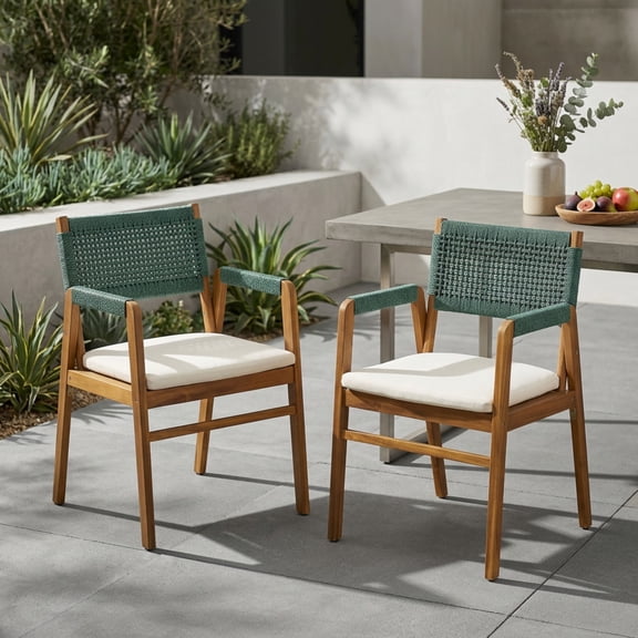 Acacia Wood Outdoor Dining Chairs with Rope Woven Backrest, Green, Set of 2