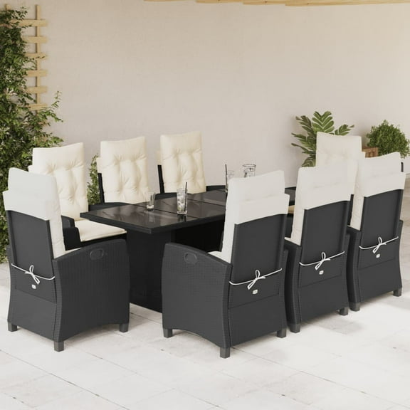 vidaXL 9 Piece Patio Dining Set with Cushions Black Poly Rattan