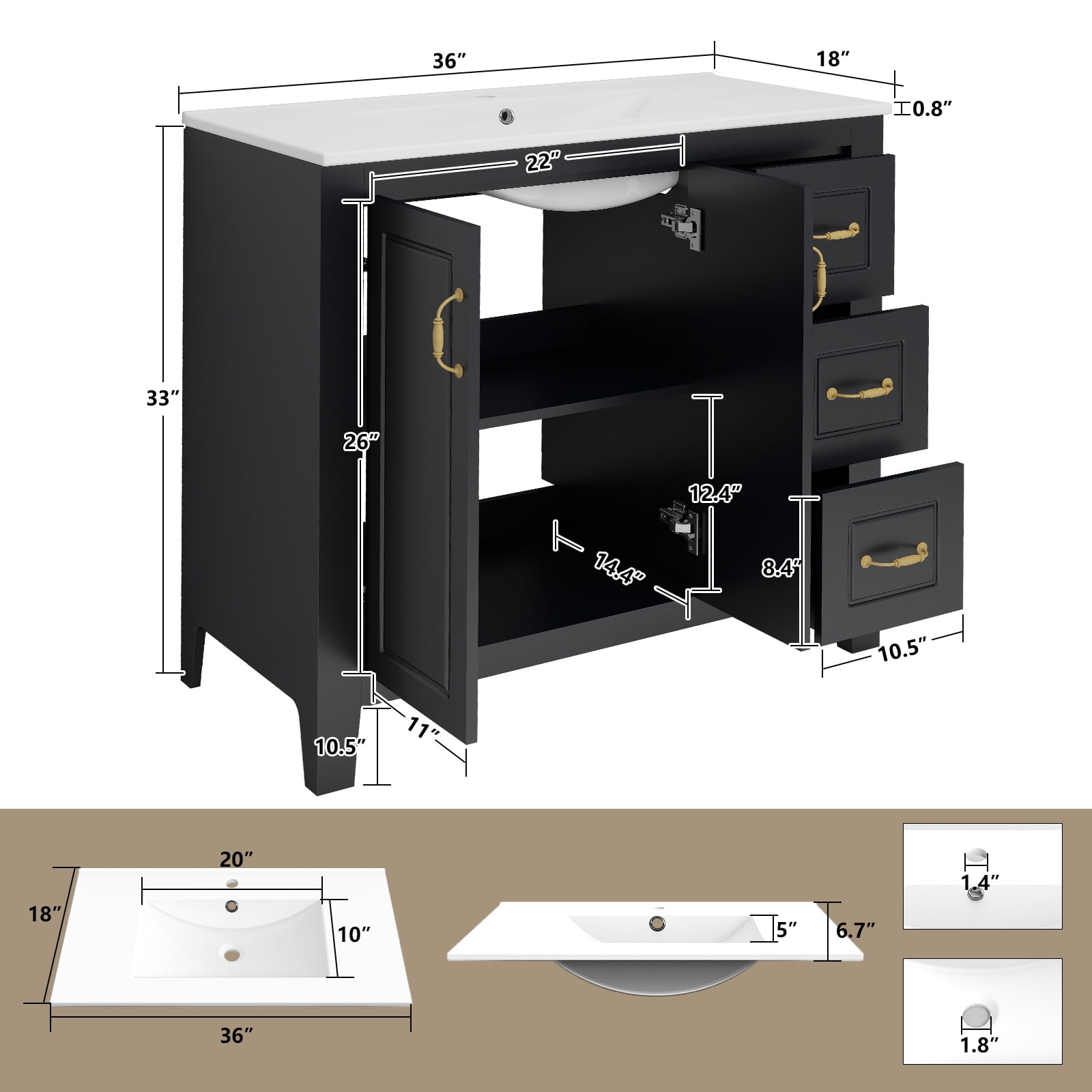 FULLWATT 36" Bathroom Vanity, Painted Surface Solid Wood Frame Bathroom Storage Vanities Set with 3 Drawers, Louvre Design Cabinet with Sink, Black