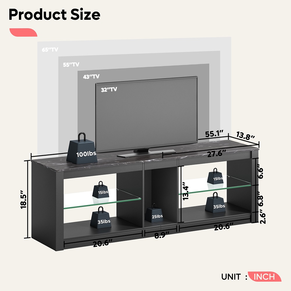 Bestier 60" LED TV Stand with RGB Lights, Black Marble photo 2