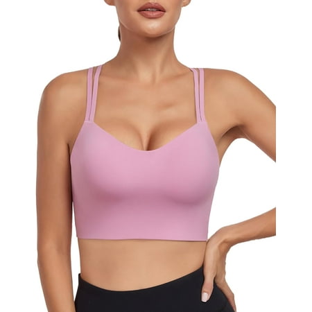 Womens Cloud Longline Sports Bra Molded Cup Spaghetti Strap Workout Bra Low Impact Yoga Crop Tank Top