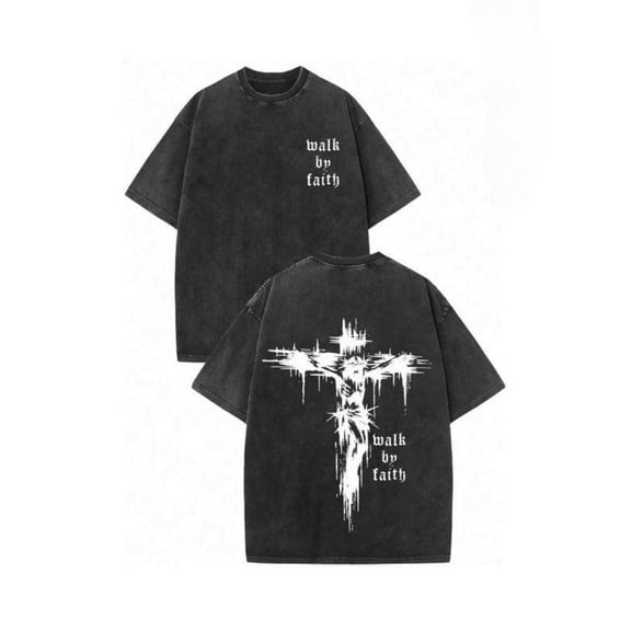 Vintage Washed Faith Graphic Tees "Faith Over Fear" & Cross Pattern Tops Unisex Distressed Print T Shirts for Casual Daily Outfits,S-5XL