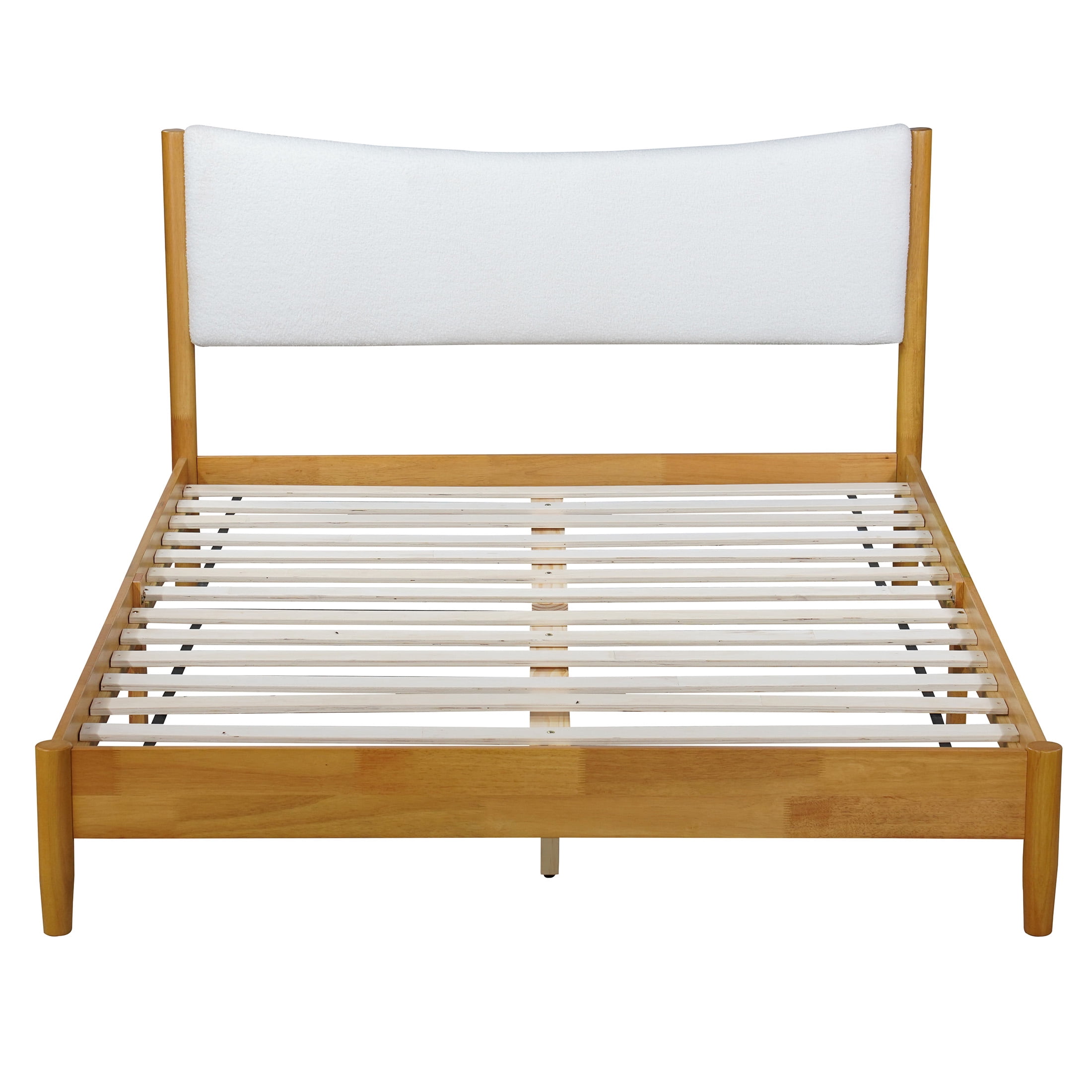 Aukfa Queen Size Bed Frame, Rubber Wooden Platform Bed with Teddy Upholstered Headboard, Oak