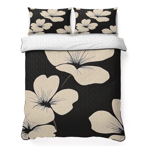 Twin XL Quilt Set 68''x98'', Beige Floral Silhouette Lightweight Summer Bedspread Coverlet Set with 2 Pillow Shams, Farmhouse Vintage Flowers Breathable All Season Quilt Bedding for Dorm/Guest Room