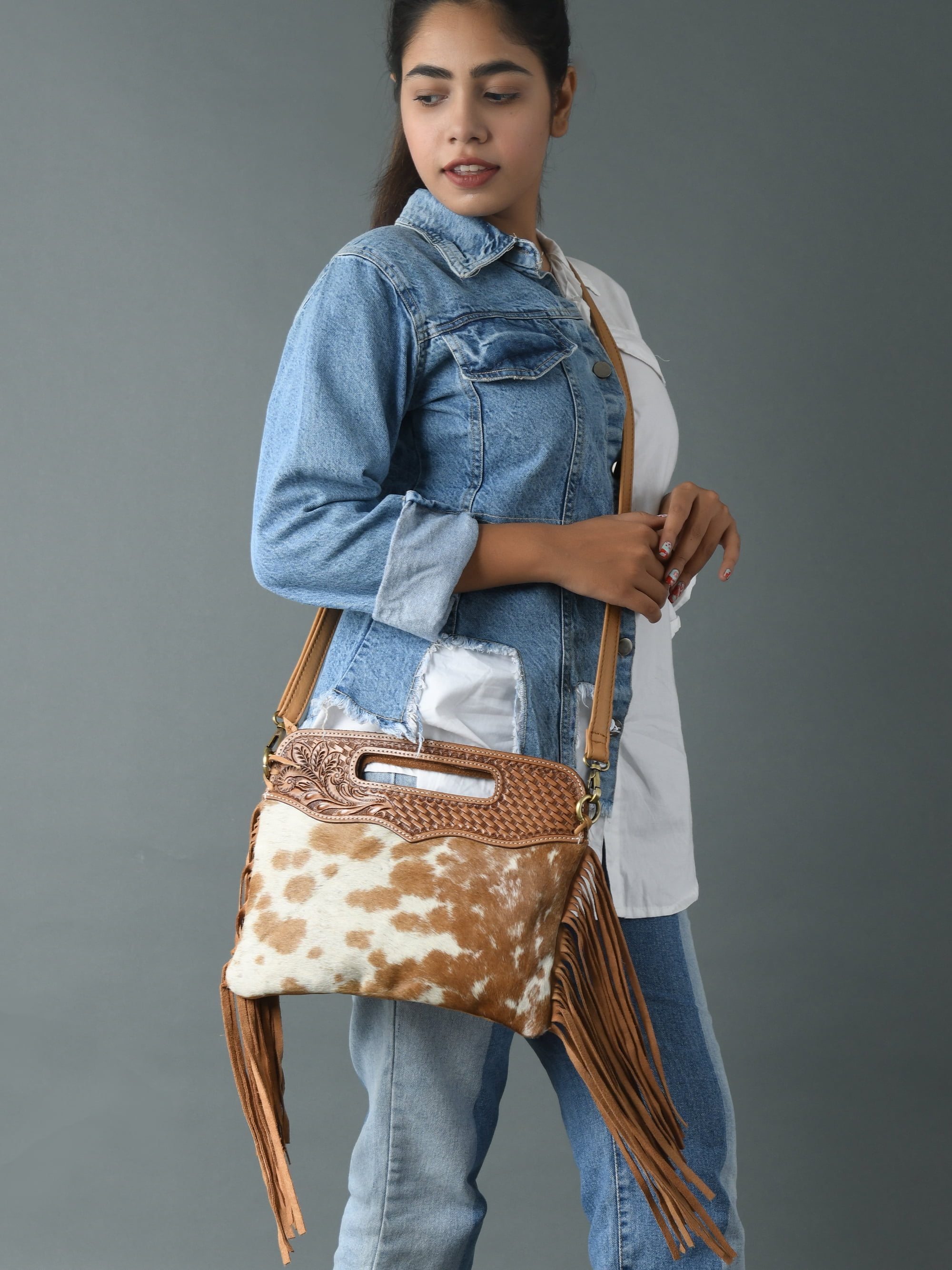 Women's Western Fringe Leather Hand Bag – Sling Bag Suede Hair-On Handbag with Adjustable Strap, Handmade Sling Purse 12"x10" Tan n White