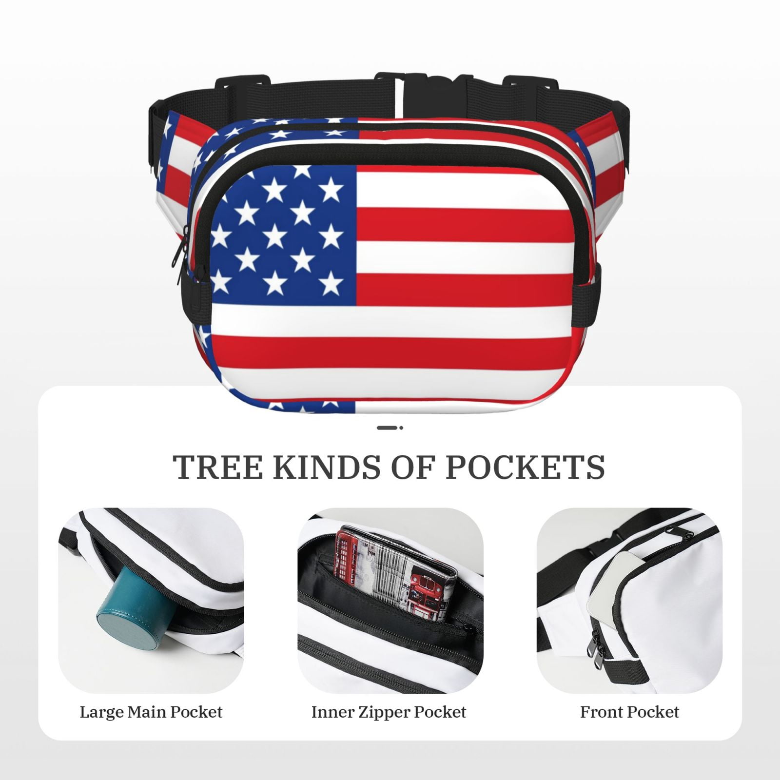 Picia America Flags3 Print Square Double-Layer Waist Bag Mini Adjustable Waist Belt Bag Exercise Running Travel Hiking