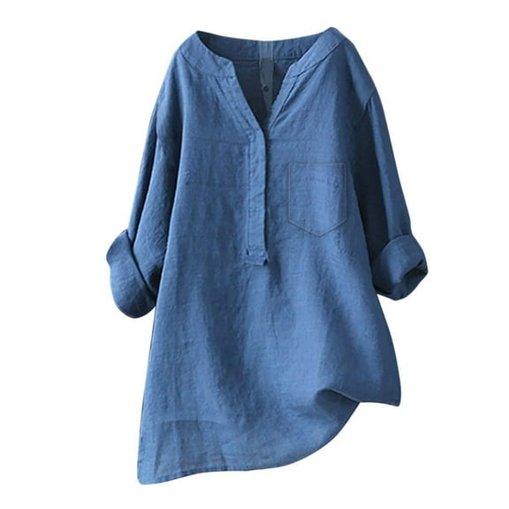 Lisingtool Womens Cotton Linen Shirts Solid 3/4 Sleeve Summer Vacation Tunic Tops Oversized Tshirts Casual V Neck Blouses Blue