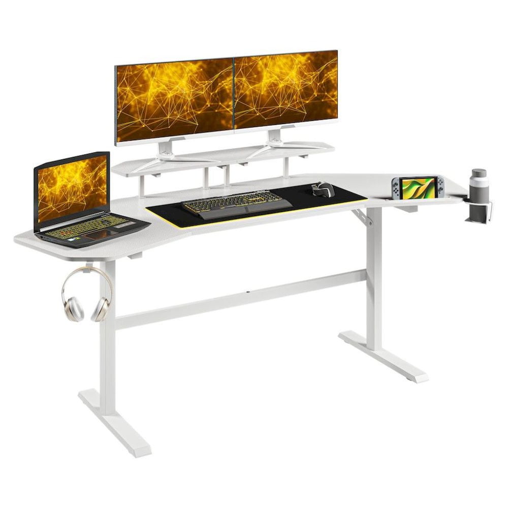 FurniFact White Gaming Desk with Wheels  Adjustable PC Desk Table for Gamers