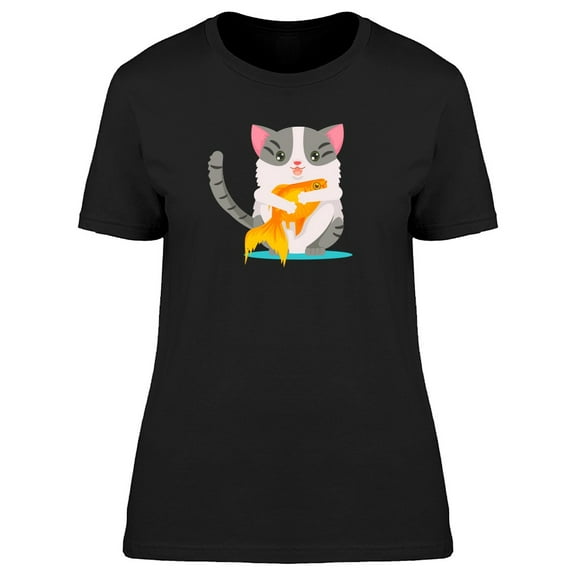 Cute Cat Holding A Goldfish Tee Women's -Image by Shutterstock