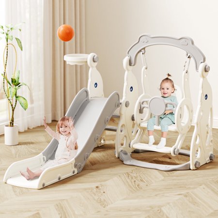 YUFU 4-in-1 Toddler Slide & Swing Set for Kids Age 1-3 with Basketball Playground Slide Indoor Outdoor Playset