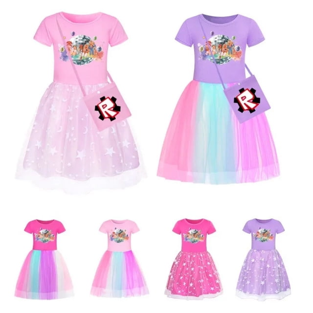 Roblox-vestido rosa de dibujos animados para niñas, malla de encaje, estrella, dulce estampado, manga corta, navidad, regalos de cumpleaños
