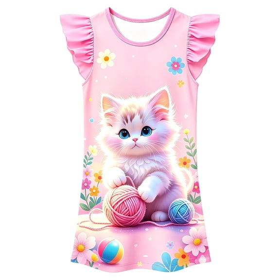 Gunia Little Girl Nightgown Princess Pajama Dress Cat Graphic Flutter Sleeve Nightgown Summer Casual Cartoon Print Dress Night Gowns Pjs Loungewear Pink 5-6 Years