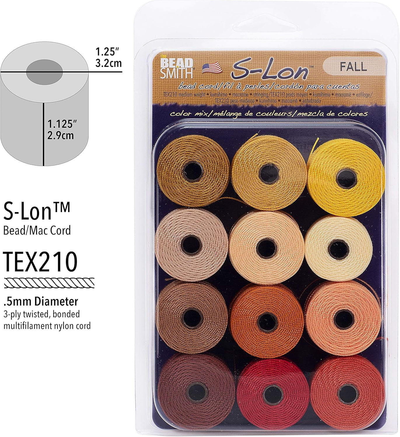 The Beadsmith S-Lon Bead Cord – .5 mm Nylon Cord, 12-Pack, Fall Mix, TEX210, 77 Yards