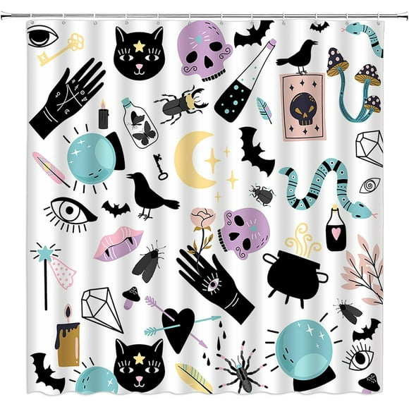 shiyou-Spooky Halloween Shower Curtain Witchy Gothic Black Alchemy Skull Bat Cat Hand Palmistry Ouija Board Magic Boho Teens Teal Purple Bathroom Decor Curtain with Hooks,70" Wx70 H