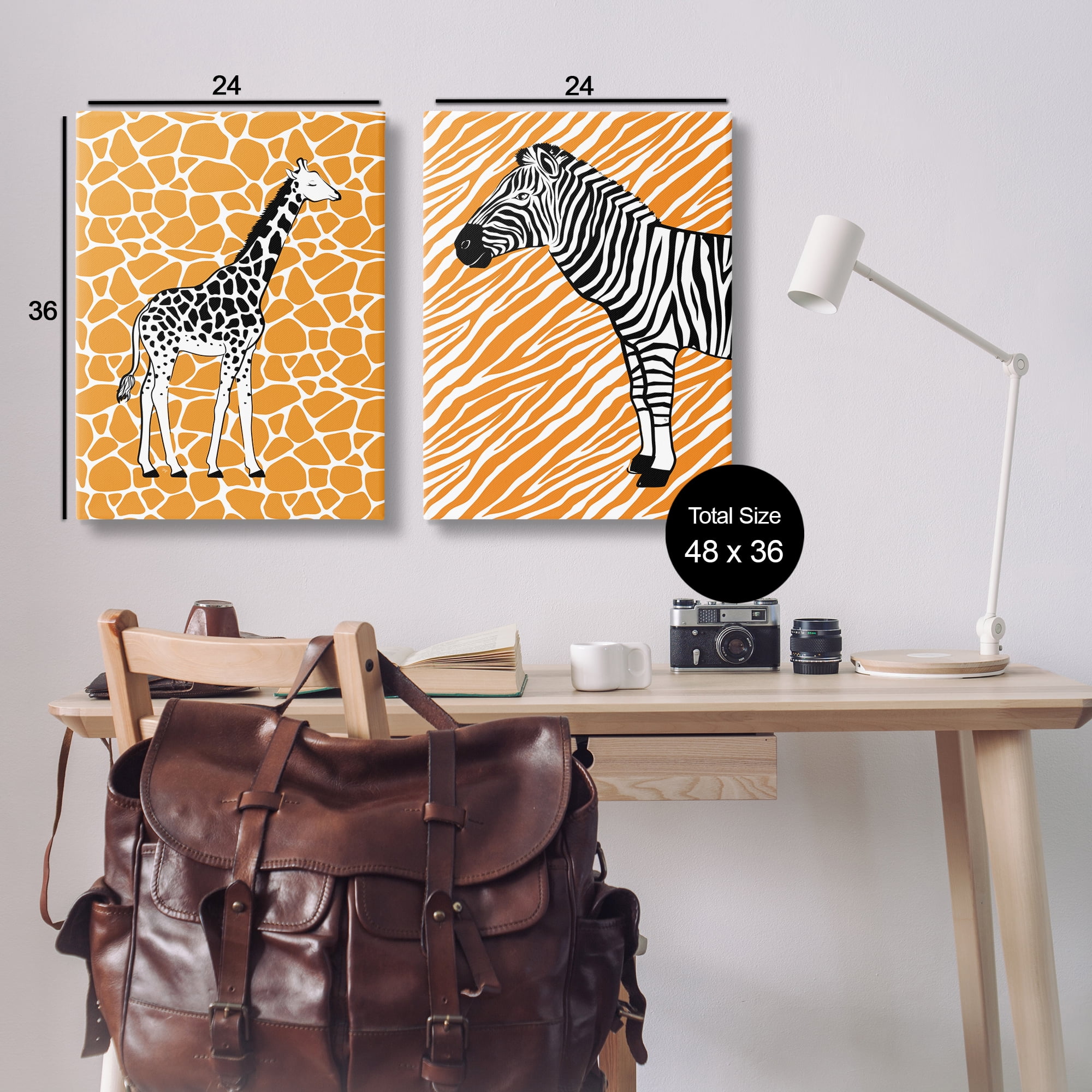 Stupell Industries Jungle Animals on Orange Animals Painting Wrapped Canvas Art Print Wall Art, 24 x 36, Set of 2