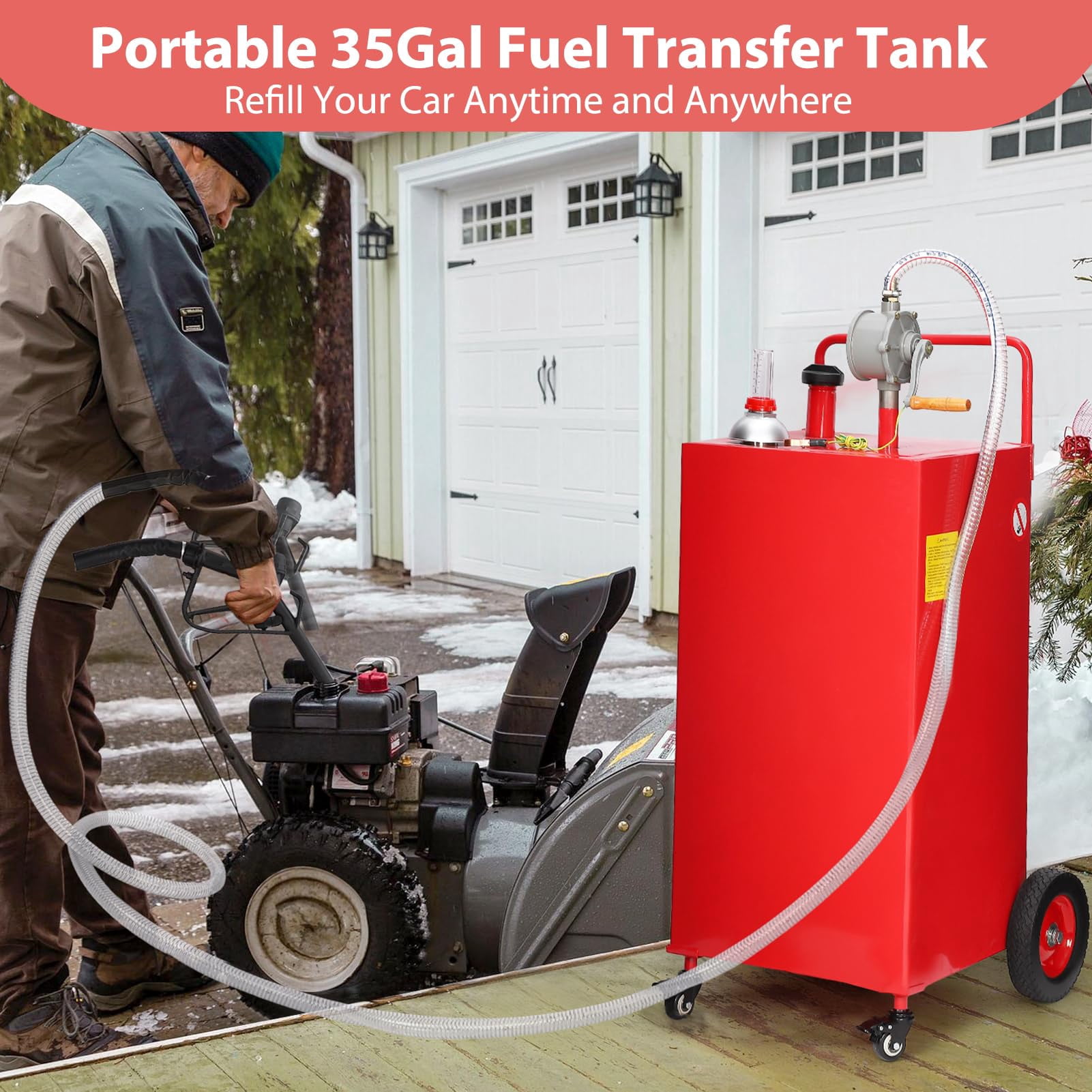 35 Gallon Gas Caddy, Portable Fuel Storage Tank with 4 Wheels & Manual Transfer Pump, Diesel & Gasoline Fuel Container for Cars, Lawn Mowers, ATVs, Boats