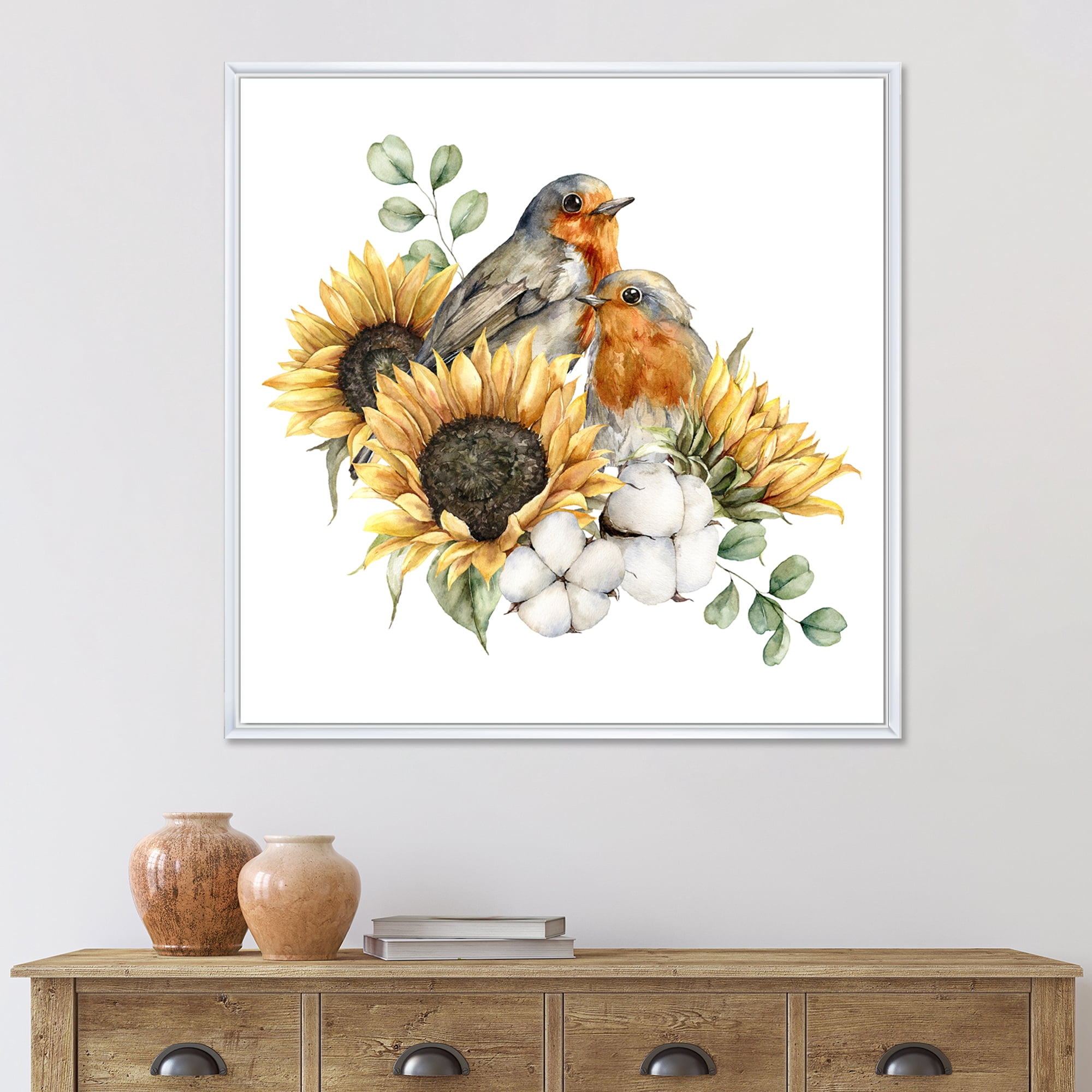 Designart 'Autumn Bouquet With Robin Redbreasts Sunflowers Cotton' Traditional Framed Canvas Wall Art Print