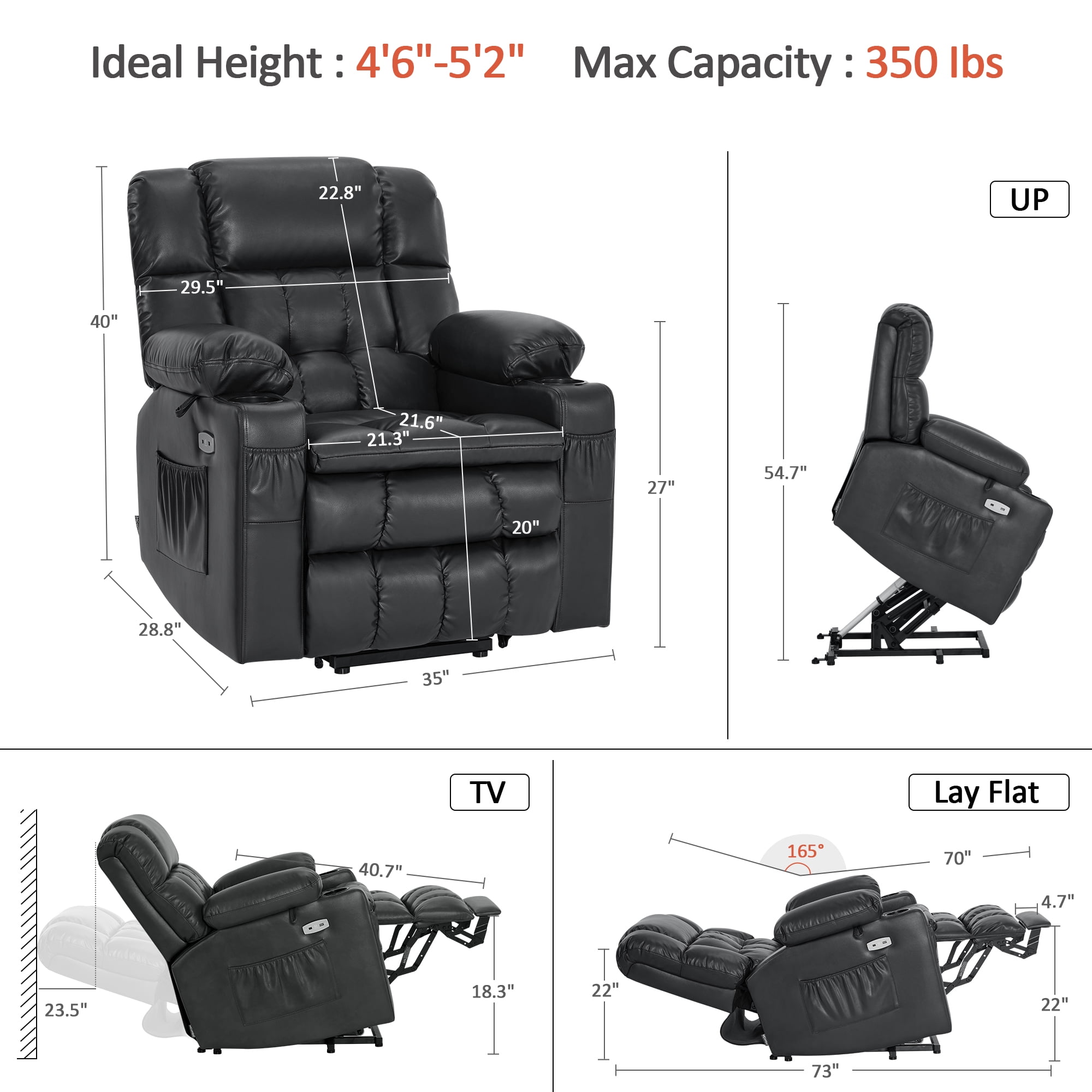MCombo Lay Flat Dual Motor Power Lift Recliner with Massage and Heat for Petite Elderly, Infinite Position Lift Chair, Faux Leather (Small-Regular, Black)