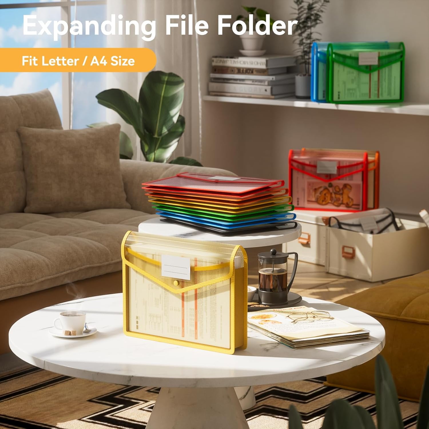 6 Pack Plastic Expanding File Folder, Transparent envelopes with Snap Closure, No Dividers, Large Capacity, Assorted Colors, Fit Letter/A4 Size
