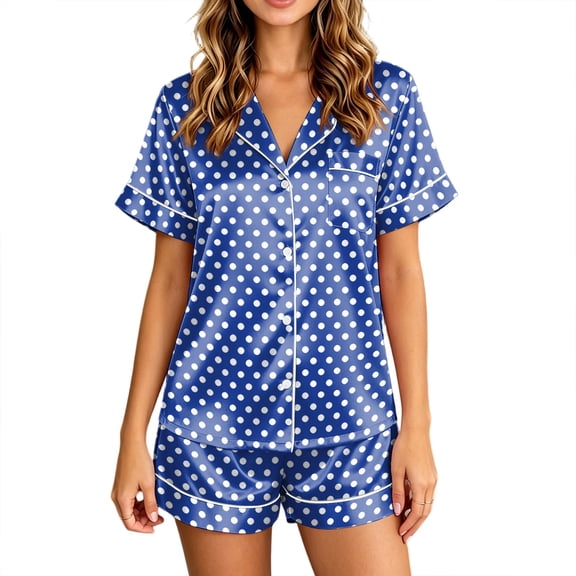 Satin Pajamas Set for Women Short Sleeve Sleepwear Soft Button Down Pjs 2 Piece Casual Shorts Summer Set