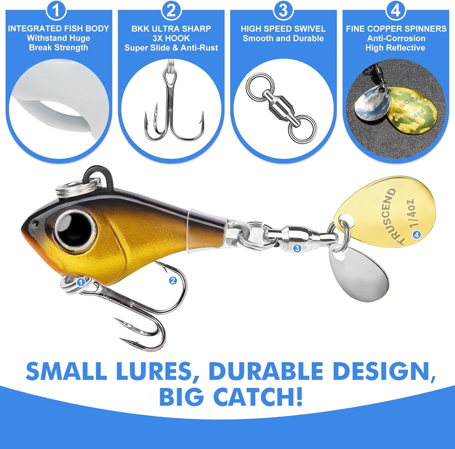 TRUSCEND Vibespinner Lures with BKK Hooks – Easy Catch: 4 Actions (Vibrate/Swim/Flash/Jig) for More Bites, Longer Cast Search Bait – Jigs for Bass, Crappie, Trout– Ideal for Family Fishing