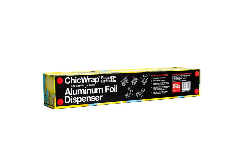 ChicWrap Lemon Foil Dispenser - Refillable Foil System with Slide Cutter, Non-Slip Base,  12" x 30'  Roll of Heavy Duty Professional Grade Aluminum Foil