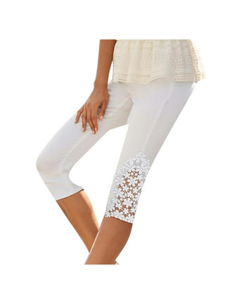 New Womens Plus Size Plain Lace Trim Soft Cropped Capri 3/4 Leggings Pants  12-30