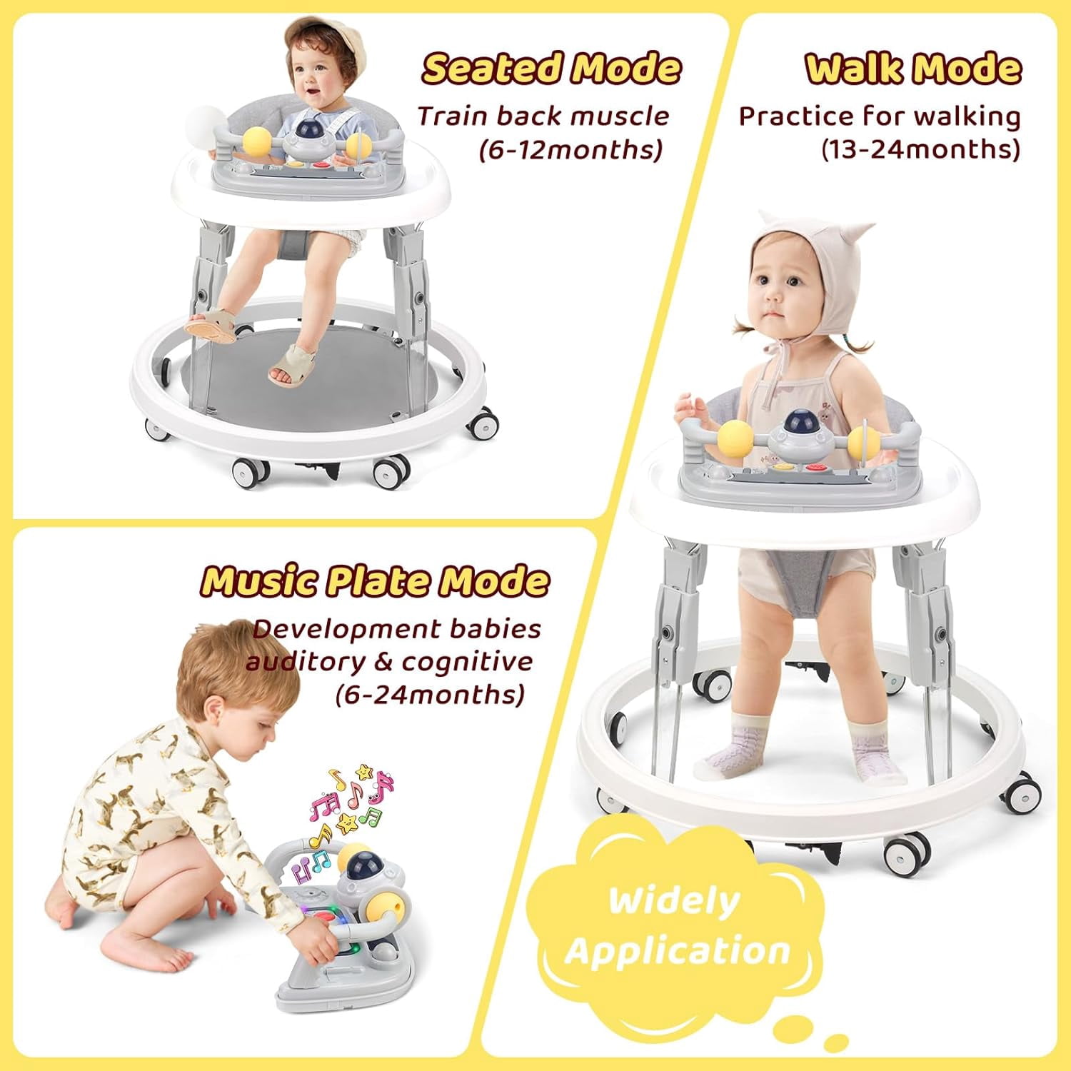 PRVAETU Foldable Baby Walker Activity Center W/ Music Toy,Wheels,Height Adjustable & Foot Pad for 6-18 Months Babies Infant Boys Girls,Grey