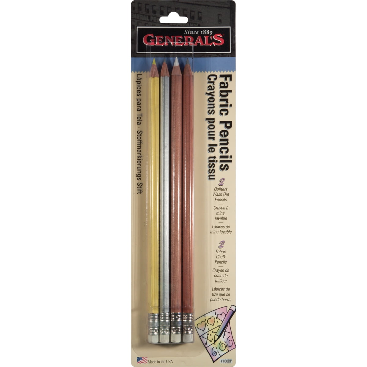 Fabric Pencils 4/PkgGray, White, Silver & Yellow