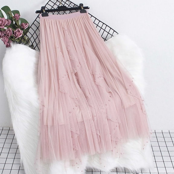 Women's Fashion Casual Heavy Industry Nail Bead Petal Mesh Skirt High Waist Mid Length Skirt Womens Midi Skirt down Skirt Skater Skirts Floor Length Skirt Skirt with Pockets Twill on Midi Skirt Double