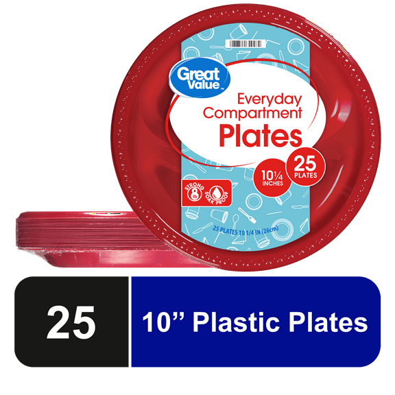 Great Value Everyday Disposable Plastic Compartment Plate, Red, 10.25", 25 Count
