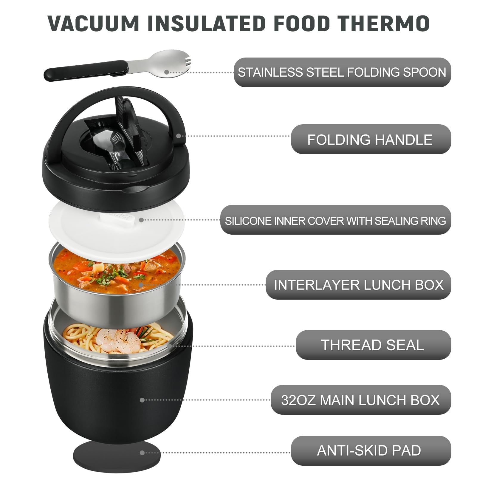Thermo Food Jar for Hot Food Adults 32OZ Soup Thermo Lunch Containers Wide Mouth Vacuum Insulated Stainless Steel Leakproof Bento Box with Spoon (Black)