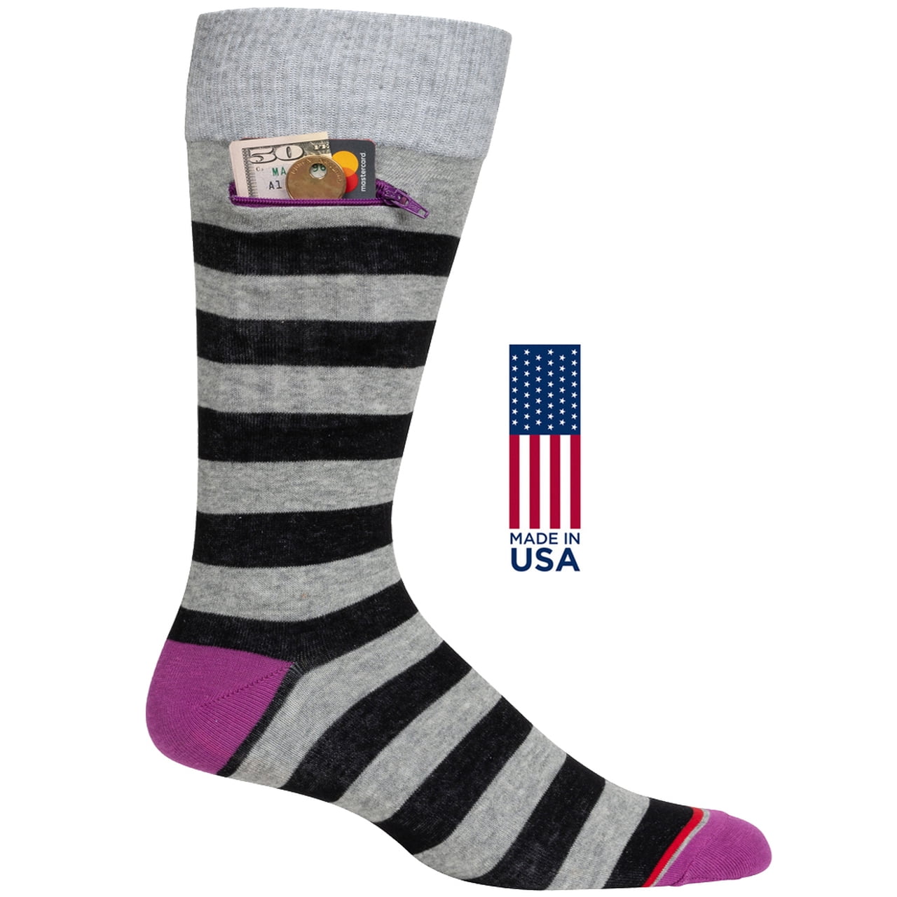 Pocket Socks Mens Fashion Crew, Heather Grey Black and Purple Rugby