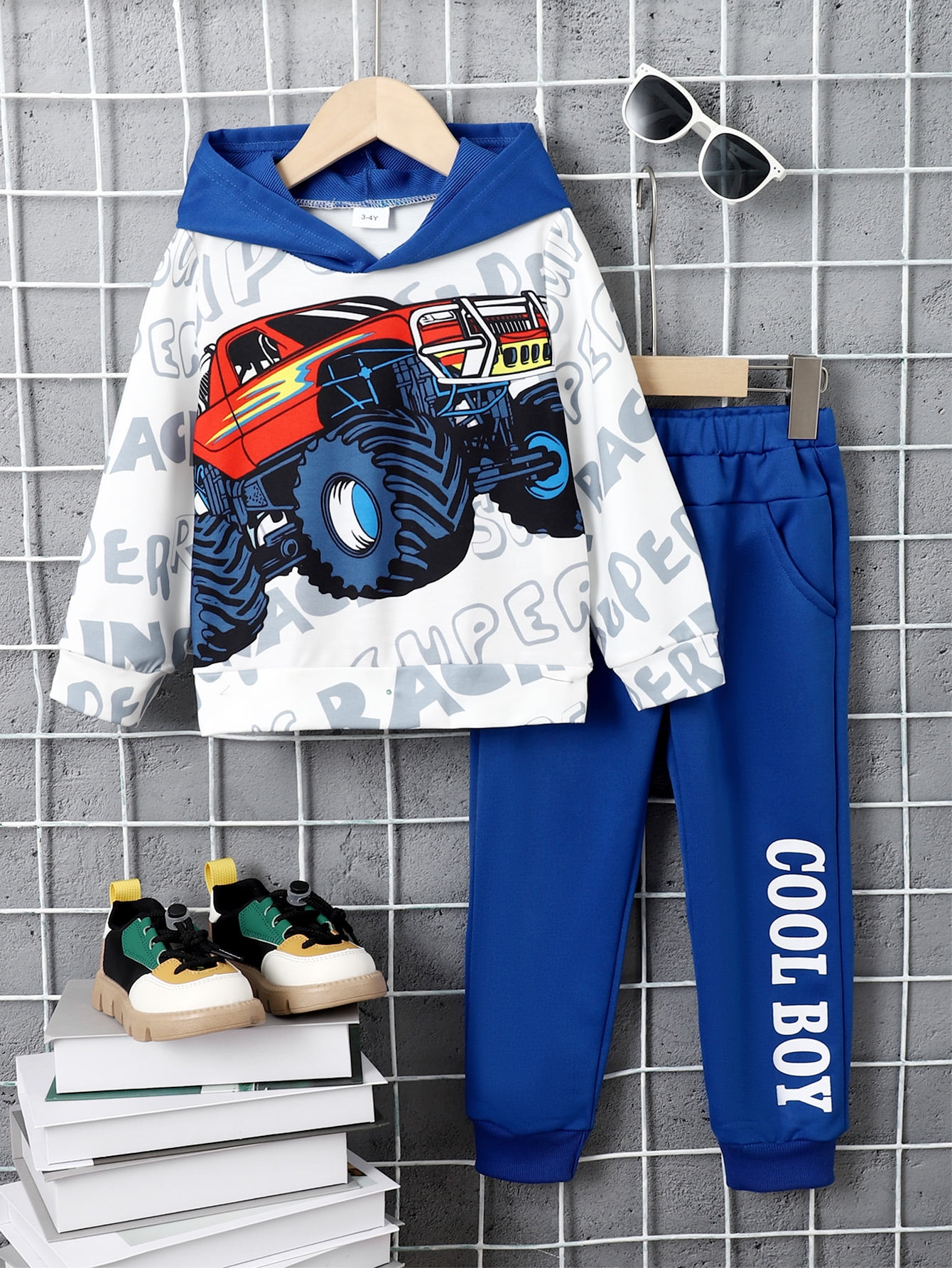 2 Years Toddler Baby Boys Clothes 3 Years Boys Outfits Car Print Letter Graphics Long Sleeve Casual Fall Winter Hoodies Tops Elastic Pants 2Pcs OOTD Blue