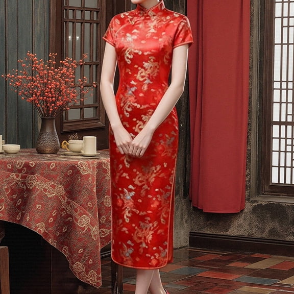 Elegant Autumn Winter Floral Print Cheongsam Evening Gown for Women