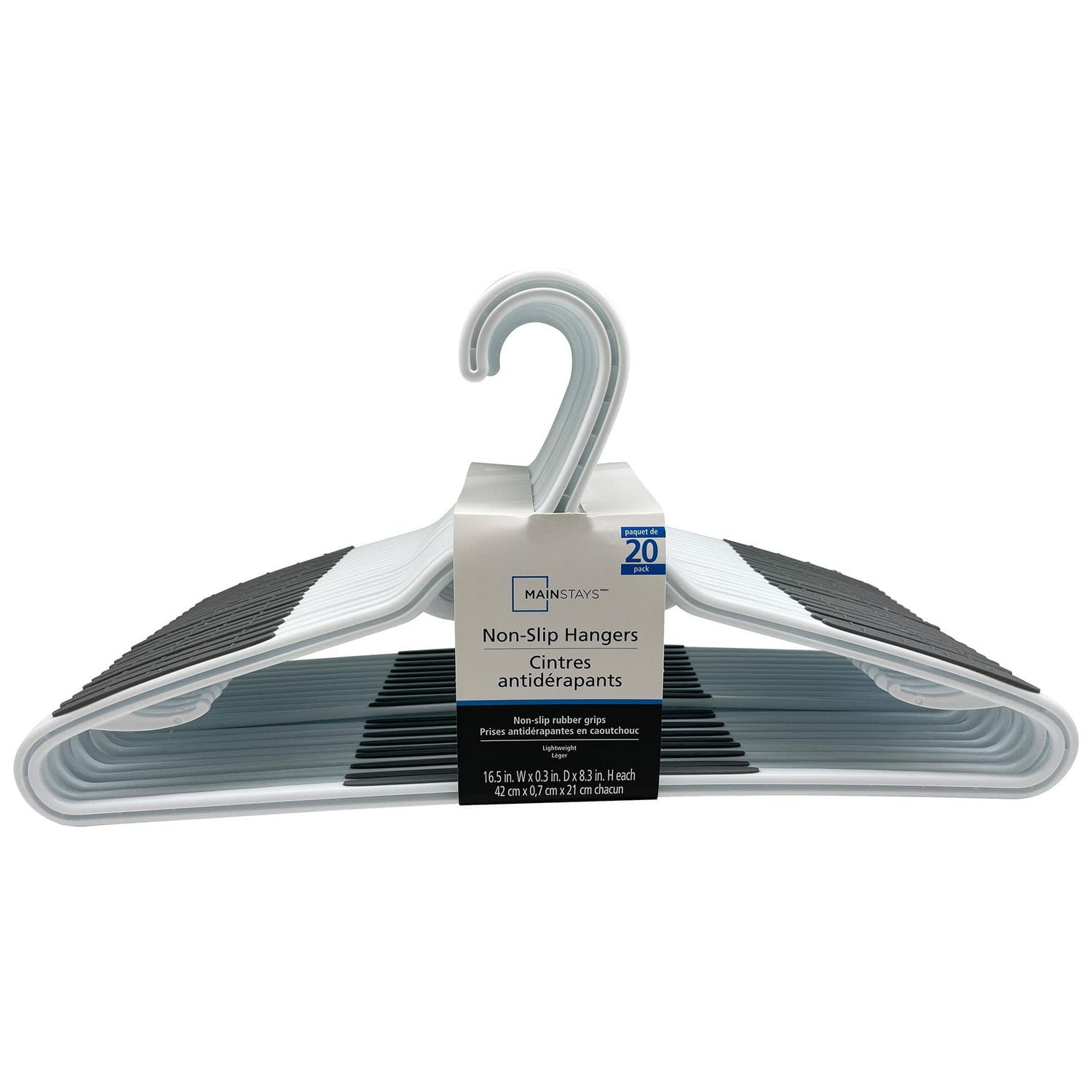 Mainstays, cintre en plastique adulte antidérapant TPR, paquet de 20, couleur blanche et grise