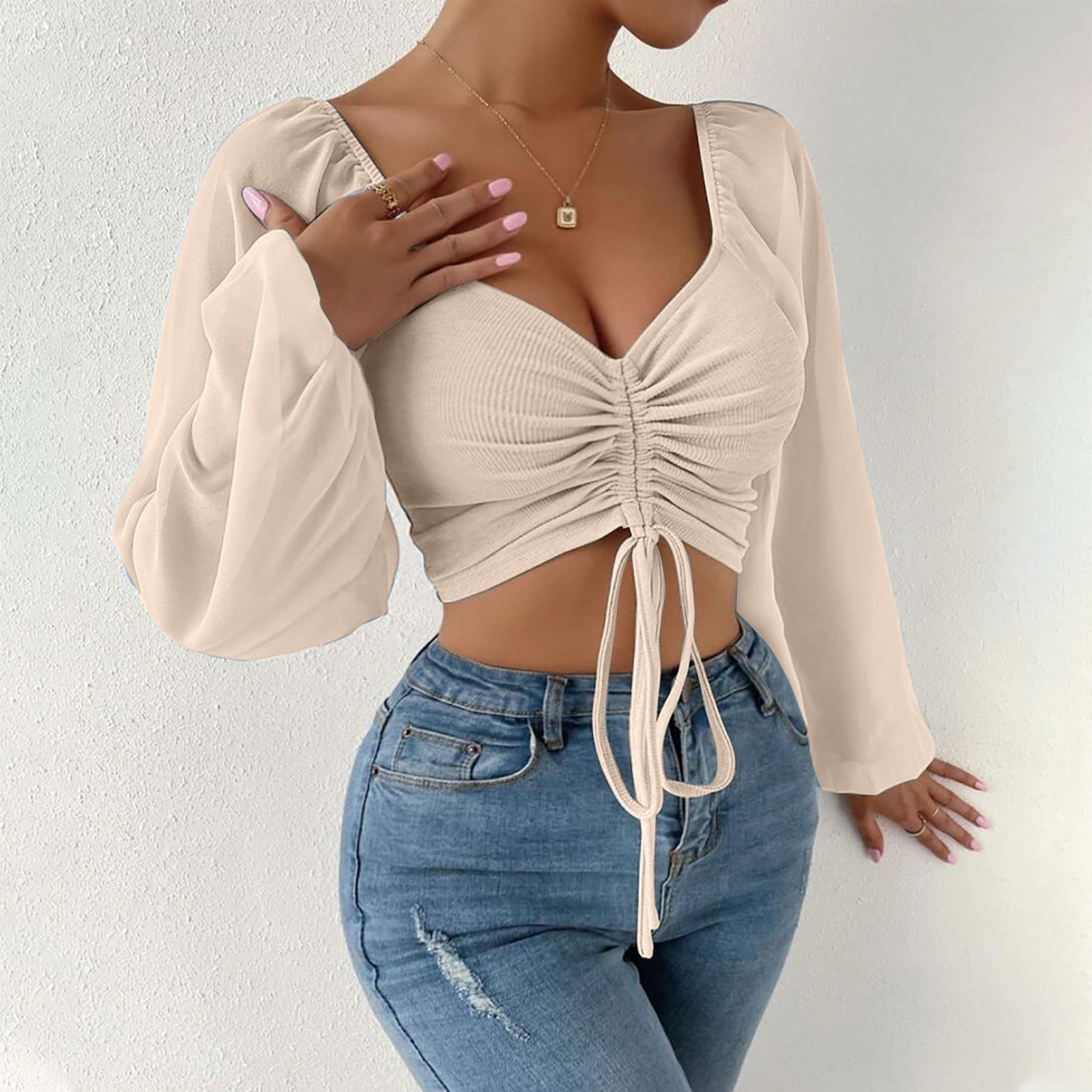 Shop Generic Women's Sexy V_neck Off_Shoulder Blouses Summer Drawstring  Bandage Long Sleeve Tops Ladies Korean Fashion Short Clothes(#Apricot Top)  Online