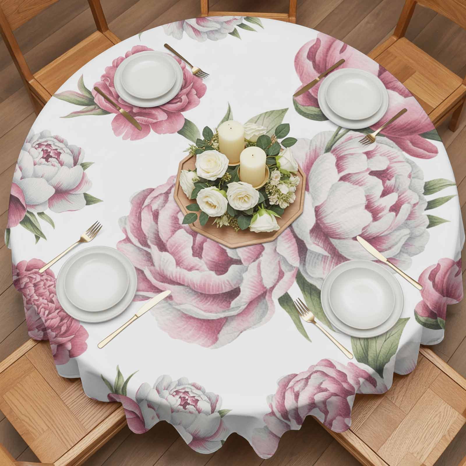 Round Tablecloth Pink Rose Vintage Floral Waterproof Oil Proof Polyester Table Cloth Cover Decor for Home Dining Outdoor,Patio,Parties, 54" Dia. Watercolor Flower Pattern