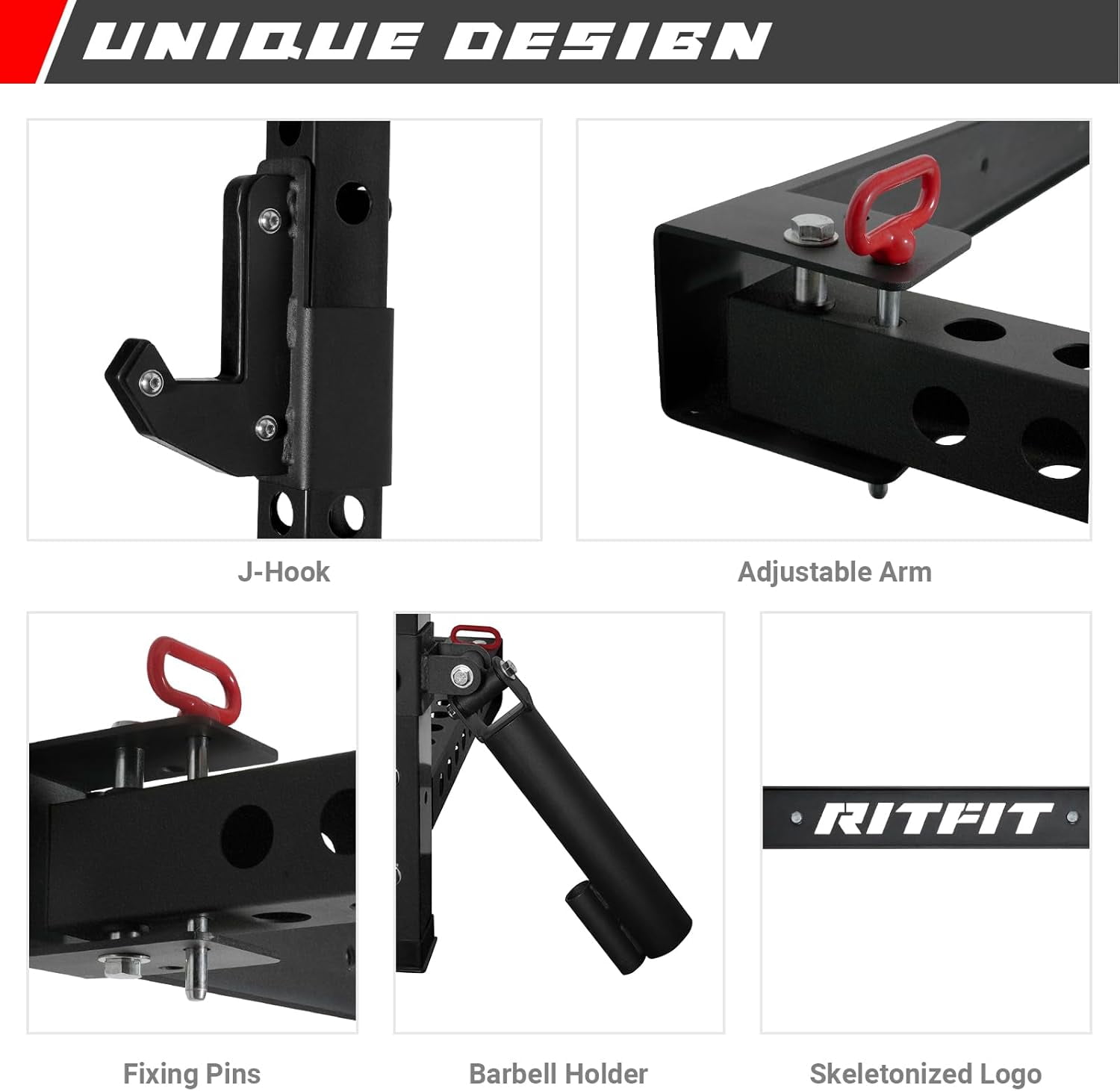 RitFit Multi-Functional Folding Squat Rack for Home Gym, 2.36'' x 2.36'' Wall Mounted Squat Power Rack with Safety Bar & Attachments - Space Saving, Black