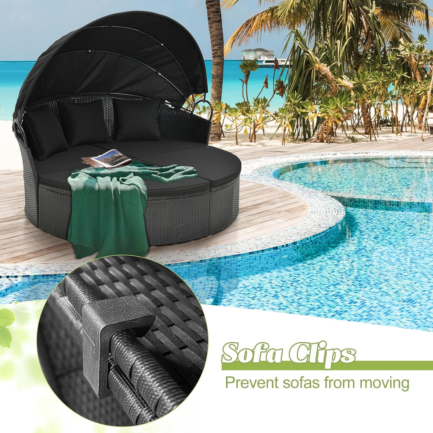Gymax Patio Outdoor Round Wicker Daybed w/ Separate Seating Sofa, Retractable Canopy, 4 Cushion 3 Pillows Black