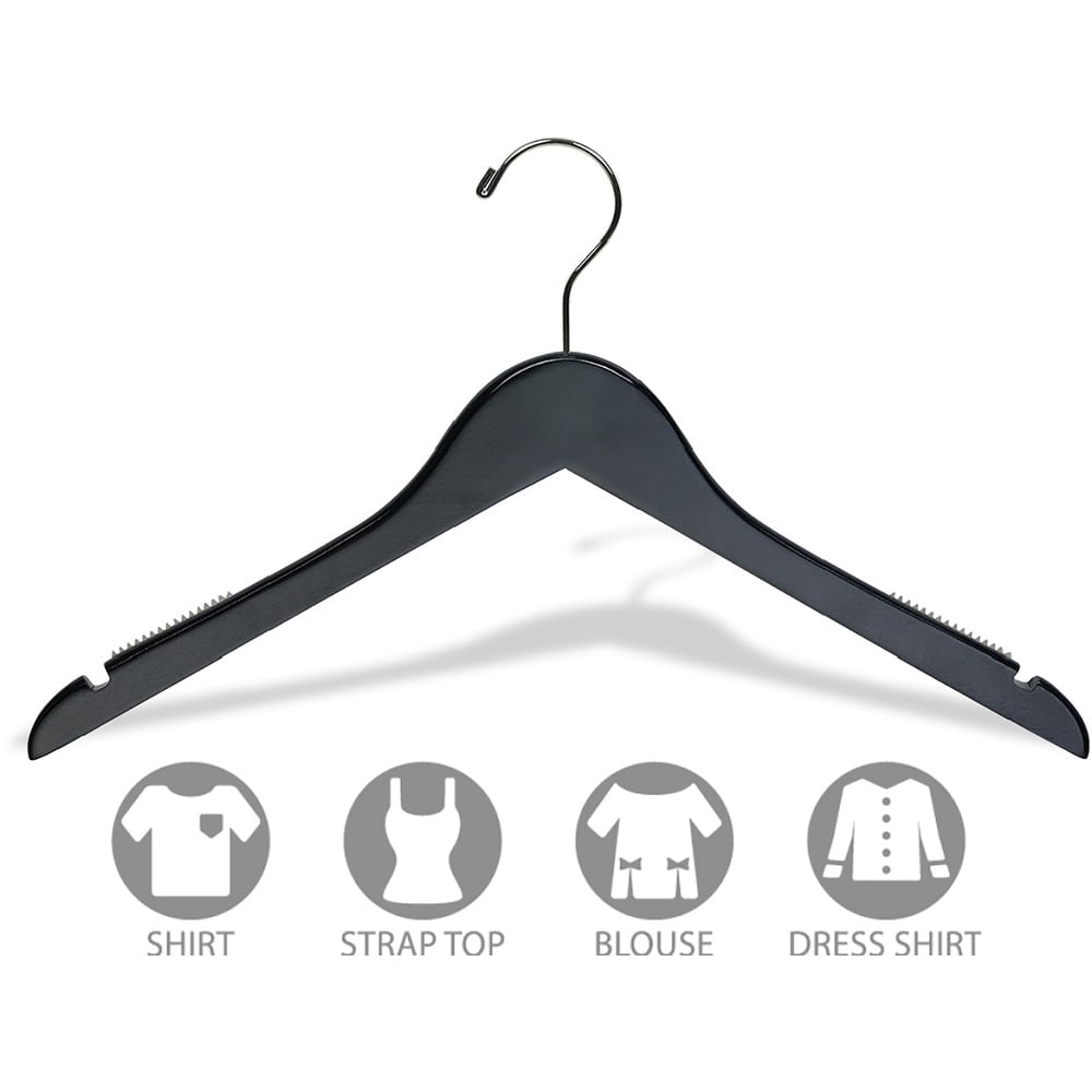 INTERNATIONAL HANGER Black Wood Top Hanger with Non-Slip Shoulder Grips, 100 Pack