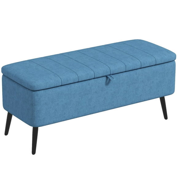 HOMCOM Storage Ottoman Bench, Linen Fabric Footstool Dark Blue