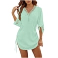 thumbnail image 2 of Women's Fashion Lace Trim V-Neck Loose Beach Cover-Up Dress, 3/4 Sleeve Tunic with Adjustable Side Drawstring, Lightweight Swimwear Cover for Pool, Beach and Casual Wear Green L, 2 of 6