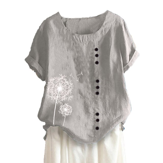 JUNWELL Blouses pour Femmes Imprimé Pissenlit Mignon Col Rond Manches Courtes Retroussées Tunique Mode Coton et Lin Chemises d'Été Gris TTG